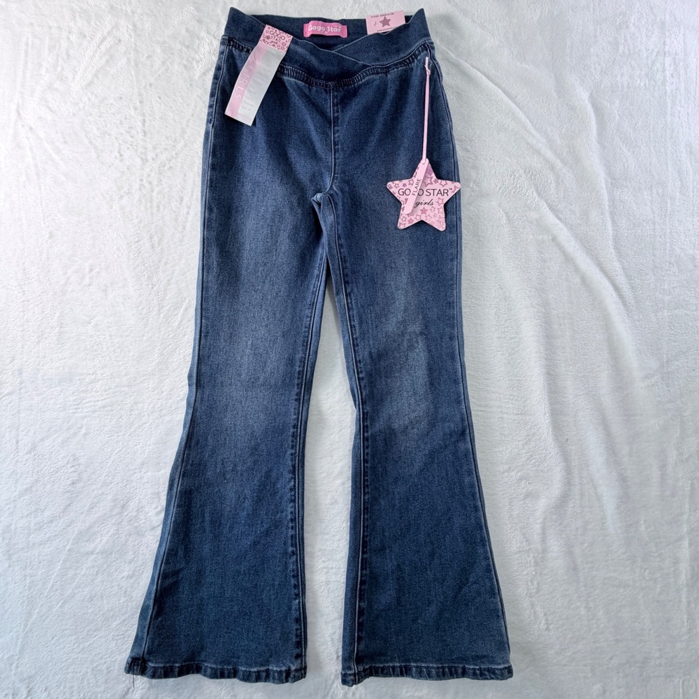 Y2K Inspired Gogo Star Girls Flare Jeans Crossover Waist Blue Denim Size 8